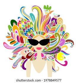 Floral female portrait, pretty woman in sunglasses. Design for fashion cards, banners, posters