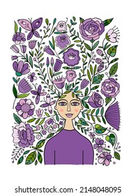 Floral female portrait, pretty woman with floral hairs. Design for fashion cards, banners, posters