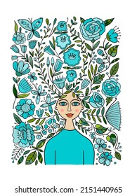 Floral female portrait, pretty woman with floral hairs. Design for fashion cards, banners, posters