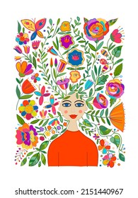 Floral female portrait, pretty woman with floral hairs. Design for fashion cards, banners, posters