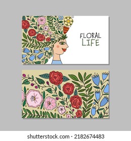 Floral female portrait, pretty woman with floral hairs, concept art for your business. Creative ideas for cards, banner, web, promotional materials. Corporate identity template. Vector illustration