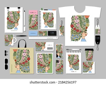 Floral female portrait, pretty woman with floral hairs, concept art for your business. Cards, banner, web, promotional materials. Corporate identity template. Vector illustration