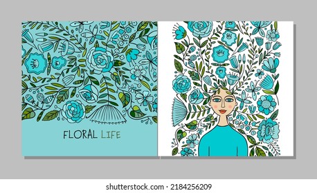 Floral female portrait, pretty woman with floral hairs. Concept art for your business. Cards, banner, web, promotional materials. Corporate identity template. Vector illustration