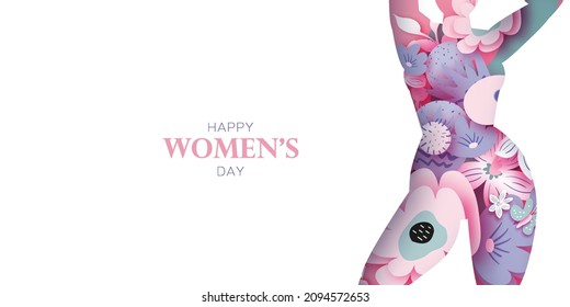 Floral female silhouette. Dancing woman. Flower bouquet. Happy Women's day. Happy Mother's Day. Venera, Venus female concept paper cut style. Body positive. Pink. Purple. Very peri. Vector