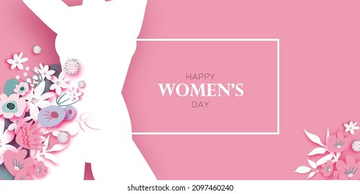 Floral female silhouette. Dancing woman. Flower bouquet. Happy Women's day. Happy Mother's Day. Venera, Venus female concept paper cut style. Body positive. Pink. Purple.