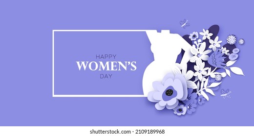 Floral female silhouette. Dancing woman. Flower bouquet. Happy Women's day. Happy Mother's Day. Venera, Venus female concept paper cut style. Body positive. Frame for text. Purple. Very peri.