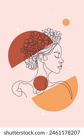 Floral feminine Illustration line drawing with abstract shapes. Woman portrait with flowers on the head, line art style.