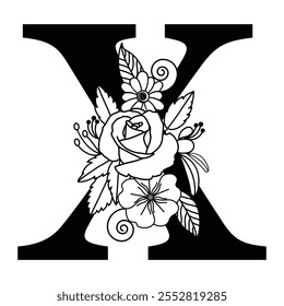 Floral Feminine Letter X Monogram, Black and White Alphabet, Typography Logo Vector