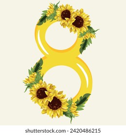floral, festive design of eight in pink color with yellow sunflowers that half cover the number, decor for invitations, cards or posters