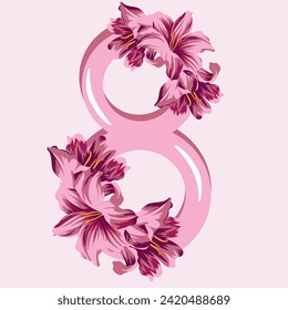 floral, festive design of eight in pink color with pink lilies that half cover the number, decor for invitations, cards or posters