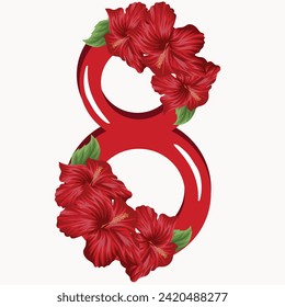 floral, festive design of figures of eight in red colored with red mallows that half cover the number, decor for invitations, cards or posters