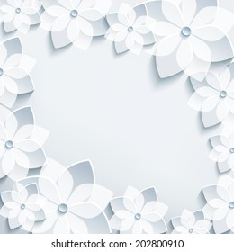 Floral festive frame with grey 3d cut paper flowers sakura. Stylish modern abstract background. Beautiful greeting or invitation card. Vector illustration