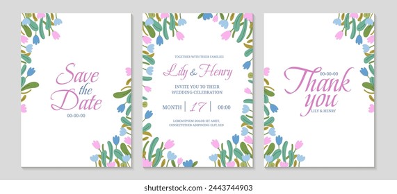 Floral festive frame for wedding invitation. Spring wedding posters template. Background for greeting cards. Spring vertical text templates. Vector illustration.