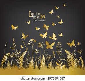 Floral field with golden flowers, herbs and butterflies on  black background. Vector illustration.