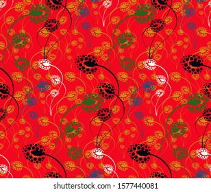floral field seamless pattern in red gold shades