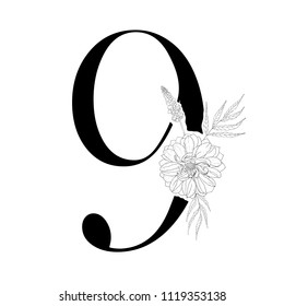 Floral figure. Vintage decorative numeral on the white background.