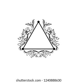 Floral filigree decorative triangle frame. Black ink vintage borders with text space. Isolated ornate text dividers with floral decorations. Invitation, greeting card, poster flourish design element