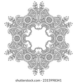 Floral filigree mandala for coloring book, circle mehndi ornament, psychedelic illustration, black line art on white background