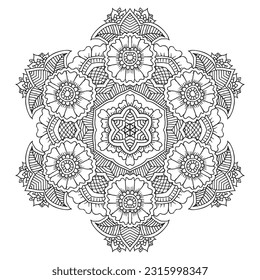 Floral filigree mandala for coloring book, circle mehndi ornament, psychedelic illustration, black line art on white background