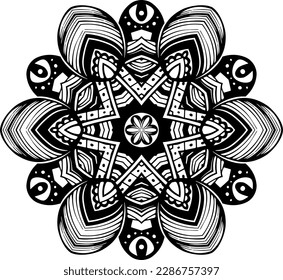 Floral filigree mandala for coloring page, circle mehndi ornament, psychedelic vector illustration, black line art on white background