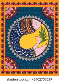 Floral Fins: Madhubani Art with Beautiful Fish, Leaves, and Flowers. Ethnic Vector Illustration, Abstract Nature Fusion, Traditional Vector Wall Decor.