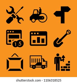 floral, fix, spanner, card, digger and trucking icon vector set. Flat vector design with filled icons. Designed for web and software interfaces