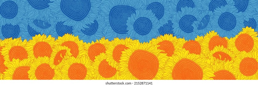 Floral flag of Ukraine. Blue and yellow Sunflowers. Support Ukraine concept. Hand drawn vector illustration.