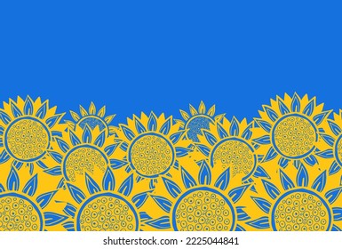 Blumenflagge der Ukraine. Blaue und gelbe Sonnenblumen. Handgezeichnete Vektorgrafik. Unterstützung des ukrainischen Konzepts.