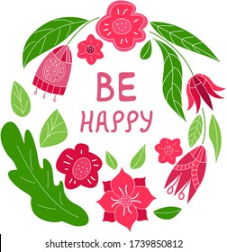 Plantilla de marco de círculo plano floral con texto feliz o lugar para otro texto. Flores dibujadas a mano y hojas en un patrón de círculo. Tarjeta de vacaciones de primavera o verano, tarjeta de saludo, invitación, diseño de afiches