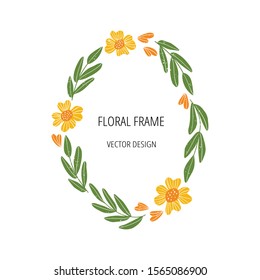 Floral flat frame template with text space. Spring holiday greeting card. Hand drawn flowers and leaves border. Vector illustration.