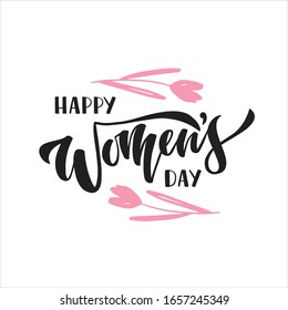 Floral flat frame template with text space. Spring holiday greeting card. Hand drawn flowers tulip and leaves border. Vector illustration on pink background.