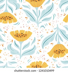 Color plano floral, sin fisuras. Textura de caricatura con flores vintage, hojas. Ilustración de estilo escandinavo con adornos florales. Papel de envoltura de esbozo, textil, relleno vectorial de fondo