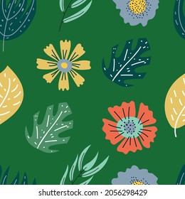 Floral flat hand drawn seamless color pattern. Illustration with floral ornaments. Pattern for wrapping paper, textile, vector backgroun