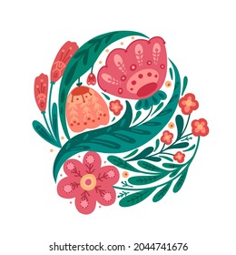 Floral flat illustration with folk decoration on white background. Flowers and foliage with a naive ornaments. Vector natural image with plants and tulip with embroidery.