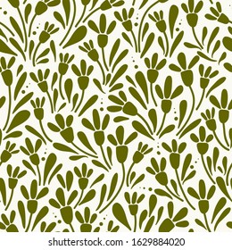 Floral flat illustration. Seamless pattern with simple dark green plants