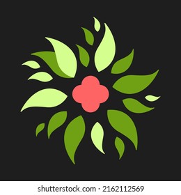 Floral flat illustration. Stylized red flower with green leaves on black background. Best for web, print, logo creating and branding design.