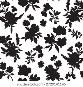 Padrão de liberdade plana floral, padrão de flores de silhueta preto e branco. Abstrato floral primavera, padrão de verão. Fundo preto e branco para papel de parede, tecidos, embalagem.