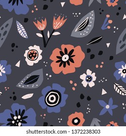 Floral flat seamless pattern in scandinavian style. Hand drawn flowers and leaves textile ornament. Multicolor tulips and poppies wrapping paper. Botanical vector backdrop. Spring nature wallpaper