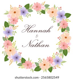 Floral Flat Style Wreath Purple and Pink Flowers with Bride and Groom Name