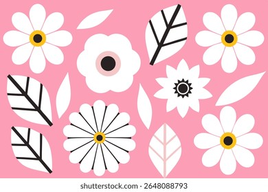 Floral flat vector with black, white, and yellow-centered flowers on pastel pink background. Clean and modern botanical illustration.