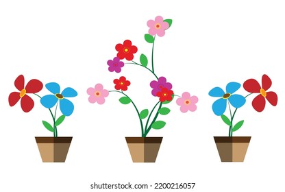 Ilustración vectorial plana floral con flores y hojas florecientes multicolores. Resumen de diseño de fondo para papel pintado, pegatinas, tarjetas de felicitación, carteles y pancartas.