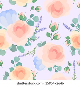 Floral flat vector seamless pattern. Garden flowers on pastel blue background. Roses and peony blossoms with leaves and wildflowers twigs decorative backdrop. Floral textile, wallpaper design.