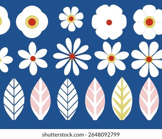Vetor plano floral definido sobre fundo azul escuro com uma variedade de flores brancas, amarelas e cor-de-rosa e folhas pastel.
