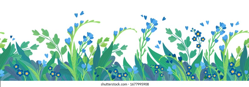 Fondo horizontal de la plantilla de vector plano floral. Diseño de borde en blanco de flores silvestres azules. Flores de cornflores y flores de margarita elemento decorativo