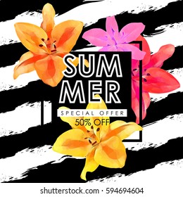 Floral flayer or discount voucher vector template. Trendy summer illustration. Tropical leaves and exotic flowers texture on striped background.