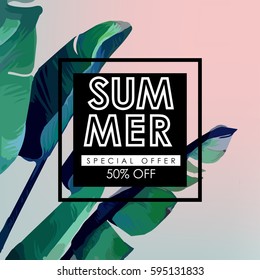 Floral flayer or discount voucher vector template. Trendy summer illustration. Tropical leaves texture on pink blur background.