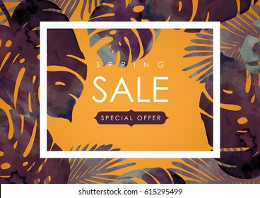 Floral flayer or discount voucher vector template. Trendy summer illustration. Tropical leaves texture on red blur background.