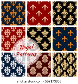 Floral fleur-de-lis ornament patterns. Vector flourish seamless tile of flowery ornate tracery. French heraldic lily motif of luxury imperial ornamental flowers adornment for interior design