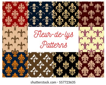 Floral fleur-de-lis royal ornament vector patterns. Flourish seamless tile of flowery ornate baroque tracery. French heraldic flower embellishment of luxury imperial adornment for interior design