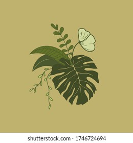 Floral floristic composition of plants. Bouquet of tropical leaves and flowers. Botanical freehand line drawing on an isolated background. Flat floral design for labels, invitations and patterns.